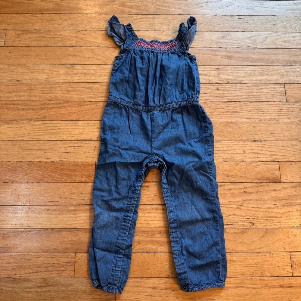 The Childrens Place Girls Denim Jumpsuit 3T Chambray Smocked Flutter Sleeve Blue